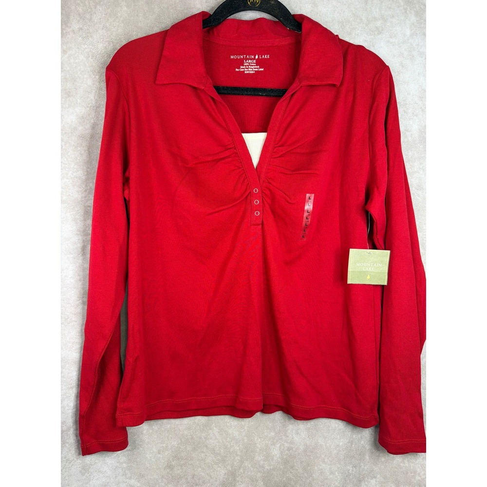 NWT VTG Y2K Mountain Lake Knit Top Women Large Red Long Sleeve Ruched V-Neck